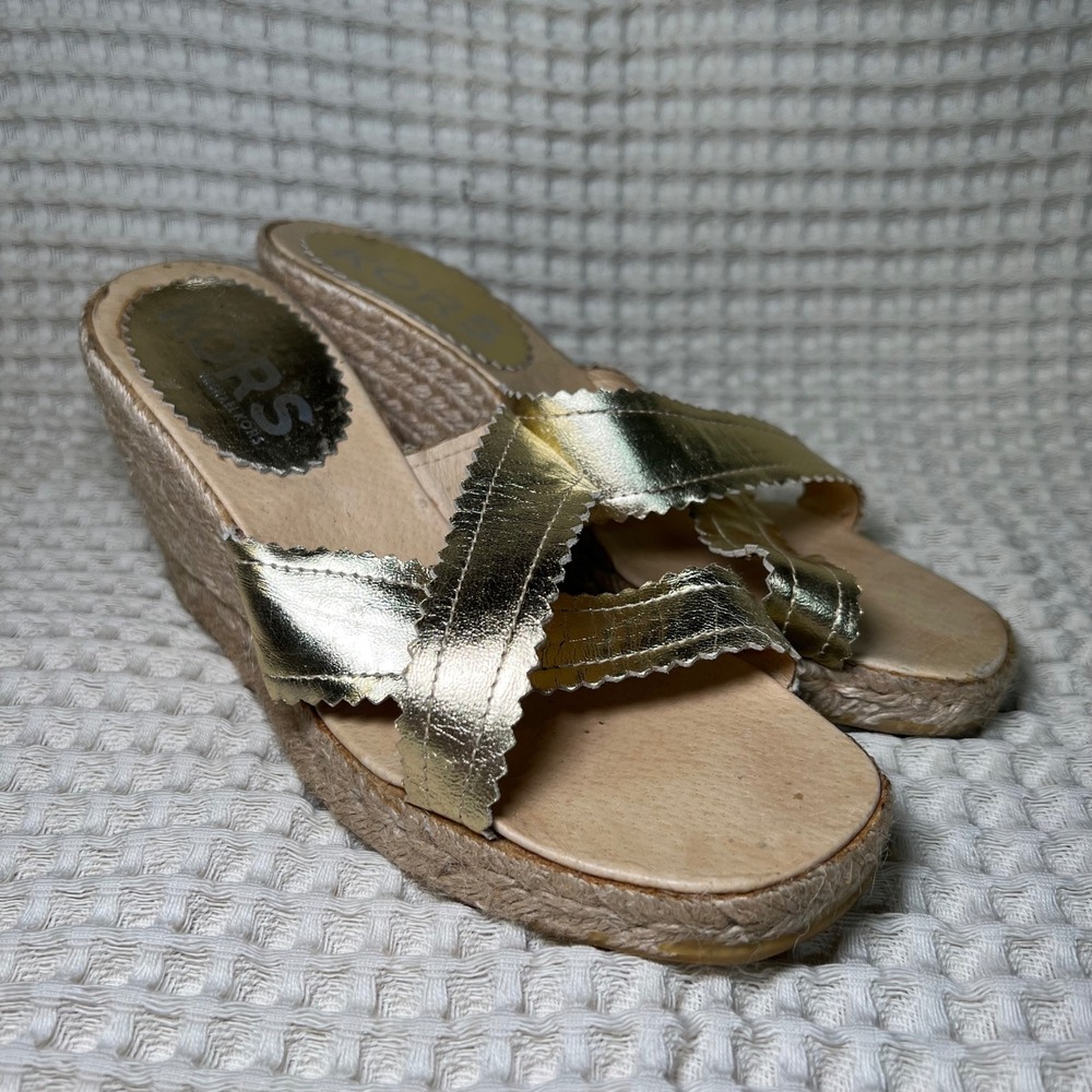 Kors Gold Metallic Scalloped Wedge Espadrille Sandals‎ Women's Size 7